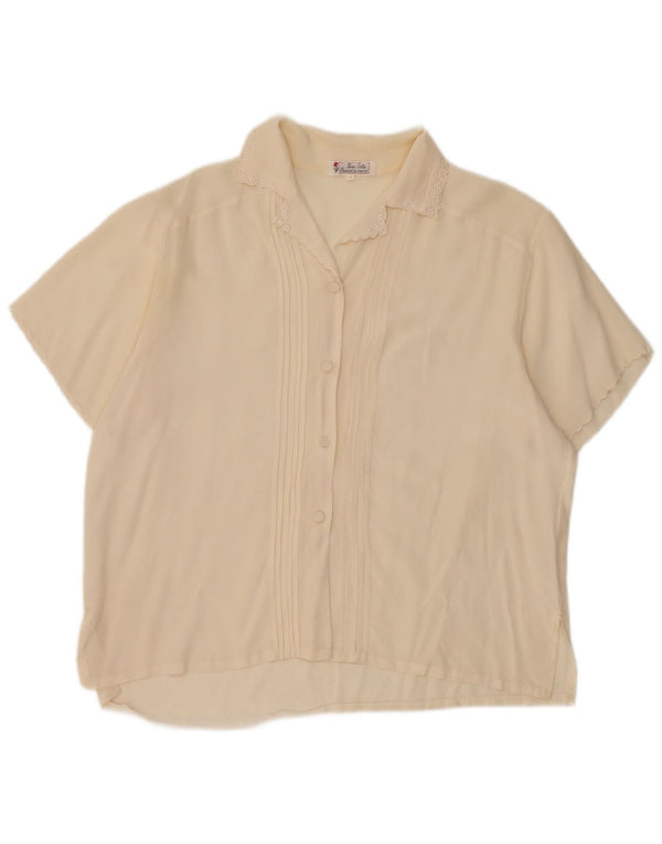 Vintage mujer camisa de manga corta blusa Reino Unido 14 medio de seda blanca