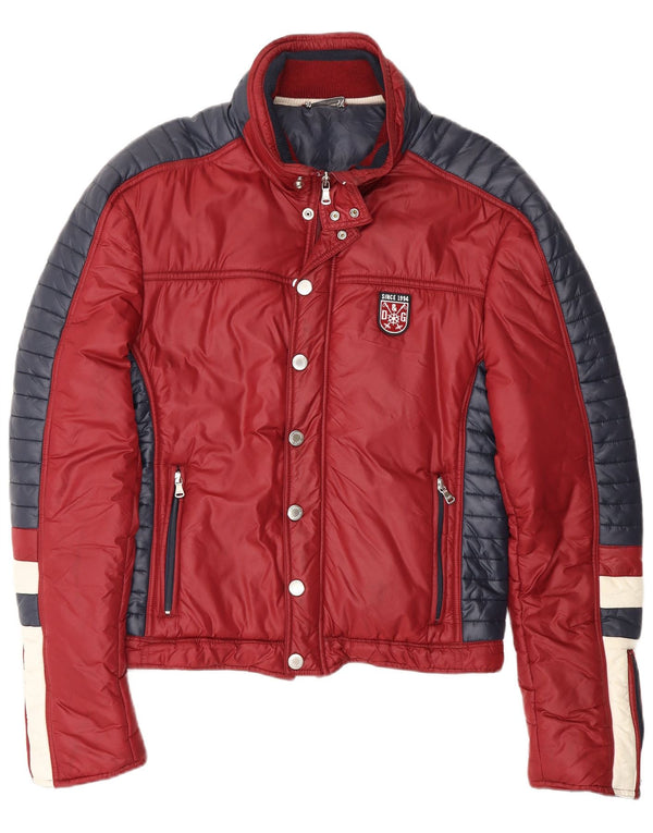 Dolce & Gabbana Chaqueta acolchada con capucha para hombre IT 46 Small Borgoña Colorblock
