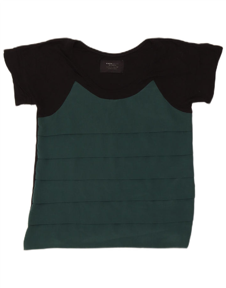 ZARA Mujer Camiseta Top ES 44 Grande Verde Colorblock Poliéster