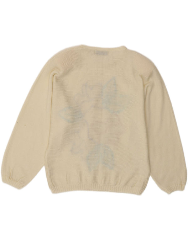 Vintage mujer cuello redondo jersey suéter un tamaño de acrílico floral blanco
