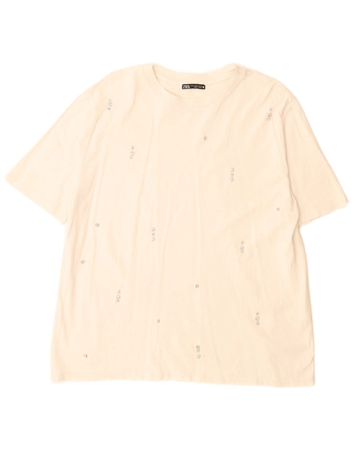Zara Mujer Camiseta Top UK 44 Medio Blanco Algodón