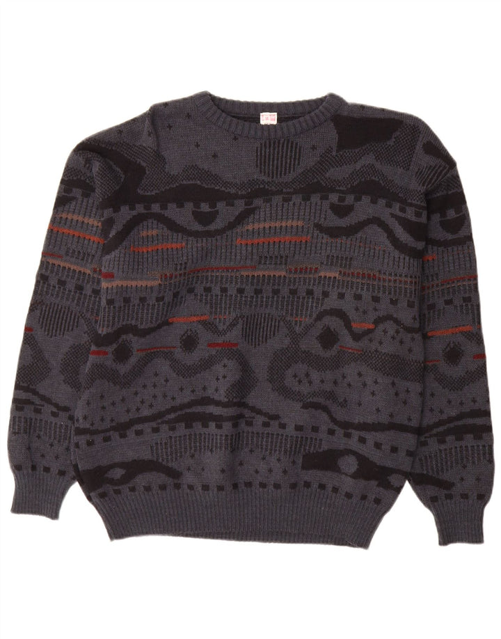 Vintage hombres cuello redondo jersey suéter IT 48 gris medio geométrico