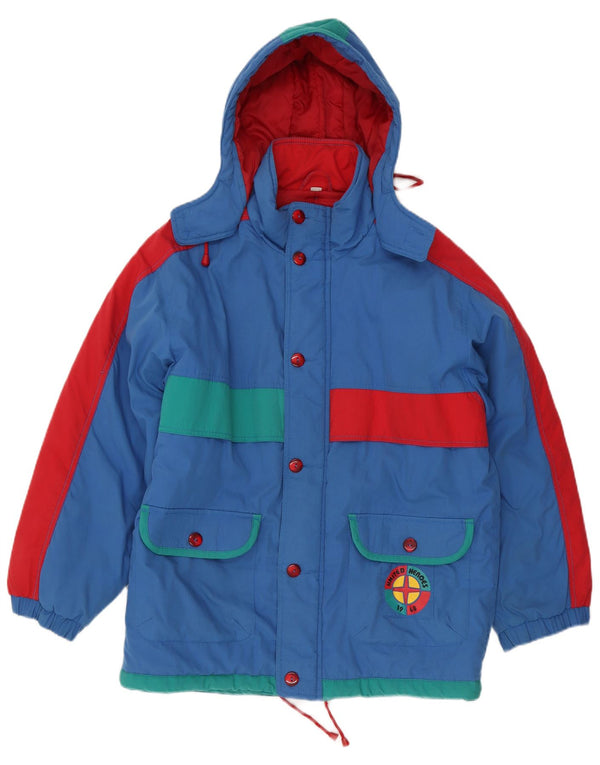 Vintage hombres gráfico con capucha chaqueta de esquí Reino Unido 40 grande azul colorblock