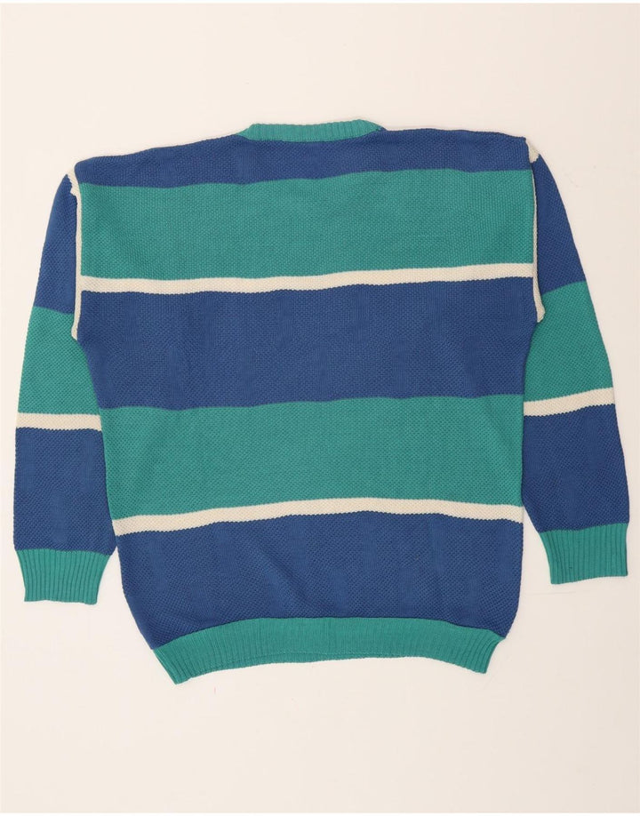 Vintage hombres cuello redondo jersey suéter grande azul rayas