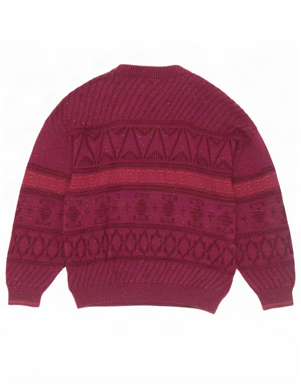 Vintage hombres Cardigan suéter Reino Unido 46 XL Borgoña lana geométrica