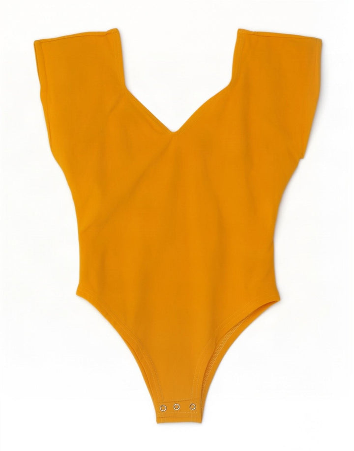 Vintage mujer sin mangas body UK 12 algodón amarillo medio