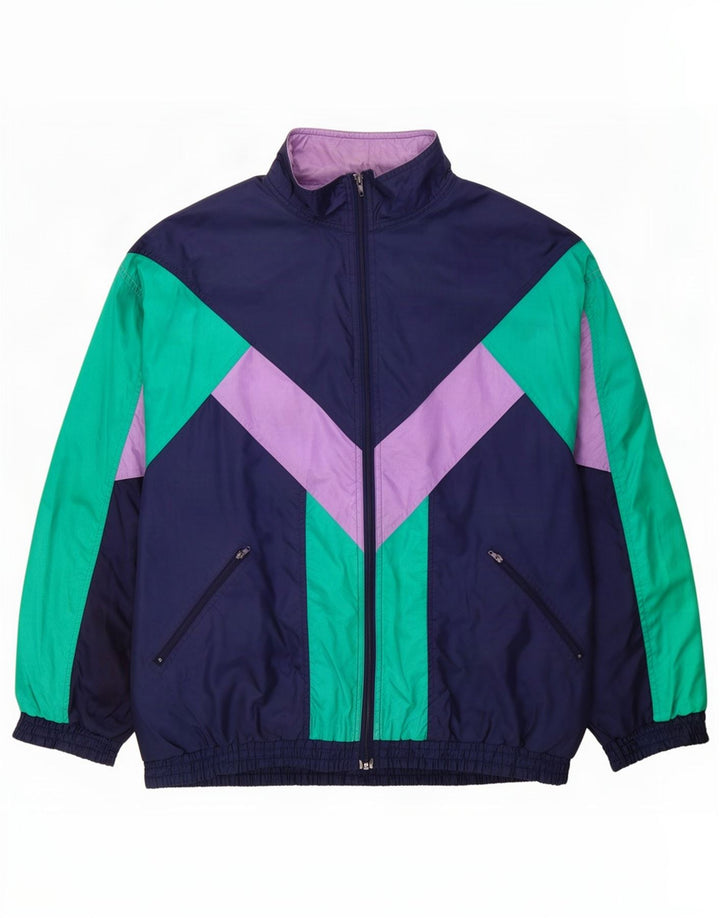 Vintage hombres chándal top chaqueta grande azul marino colorblock poliamida