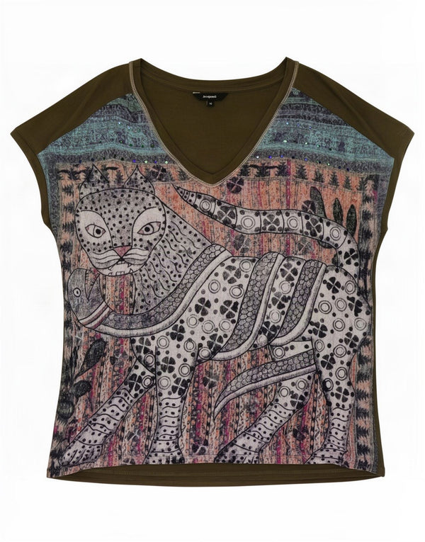 Desigual Mujer Camiseta Gráfica Top UK 40 Medium Green Cat