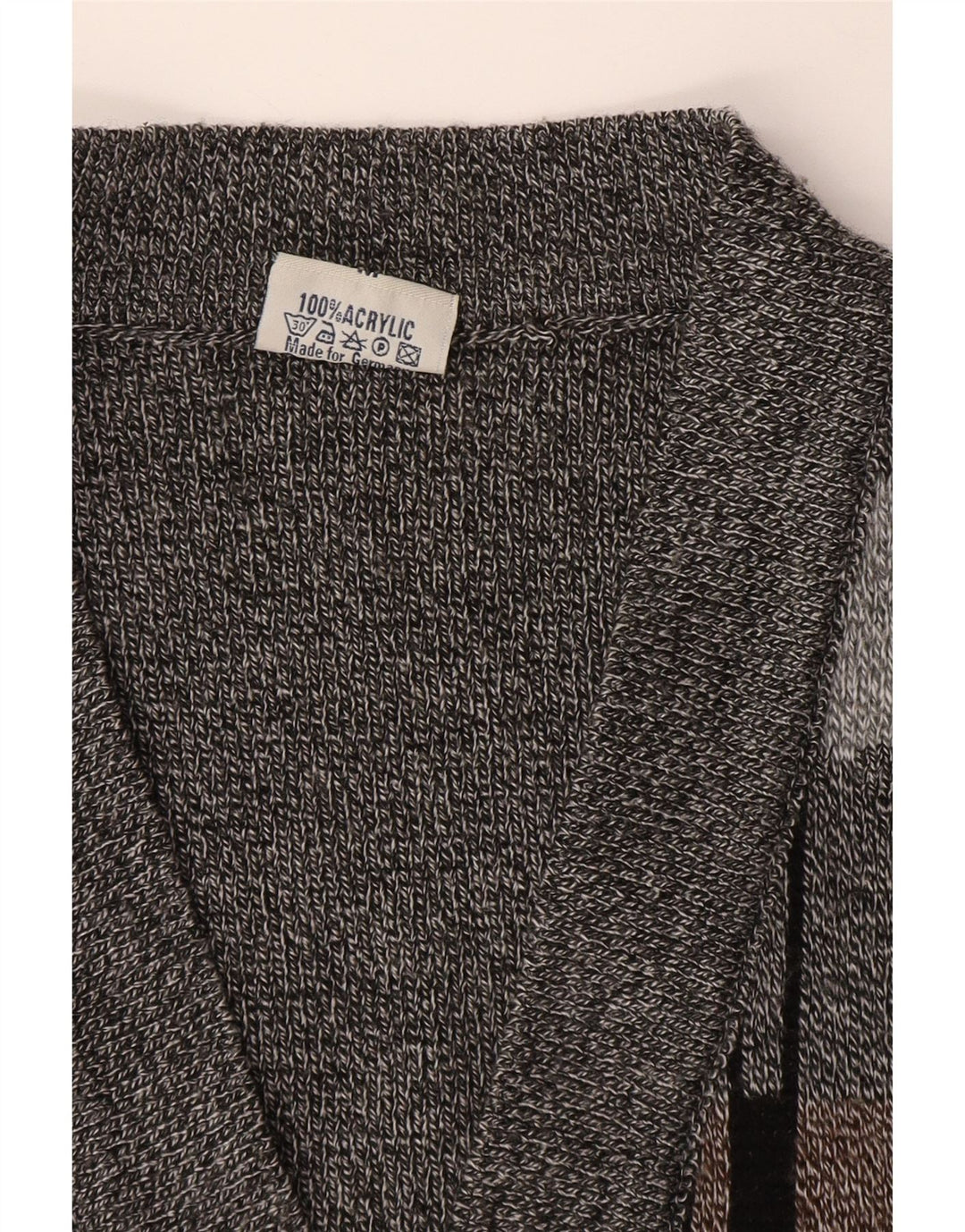 Vintage hombres sin mangas Cardigan suéter medio gris geométrico acrílico