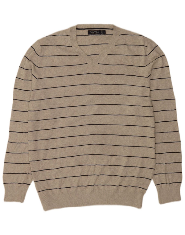 Nautica Jersey con cuello en V para hombre de algodón a rayas gris grande