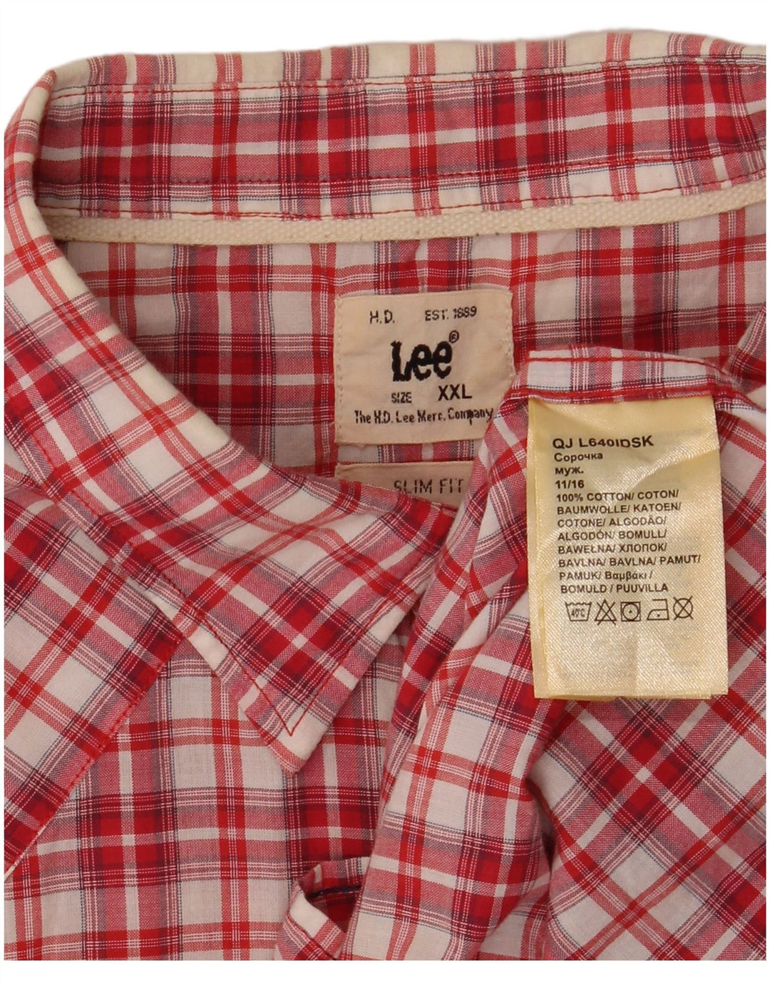 LEE Camisa Slim Fit de Manga Corta para Hombre 2XL Algodón a Cuadros Rojos