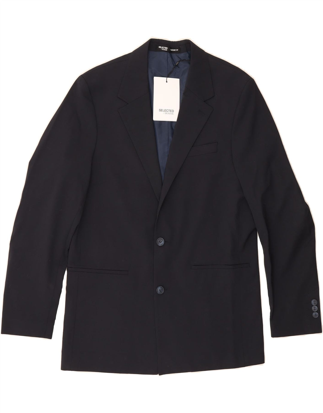 SELECTED Mens 2 Button Blazer Jacket UK 38 Medium Navy Blue Polyester Vintage Selected and Second-Hand Selected from Messina Hembry 