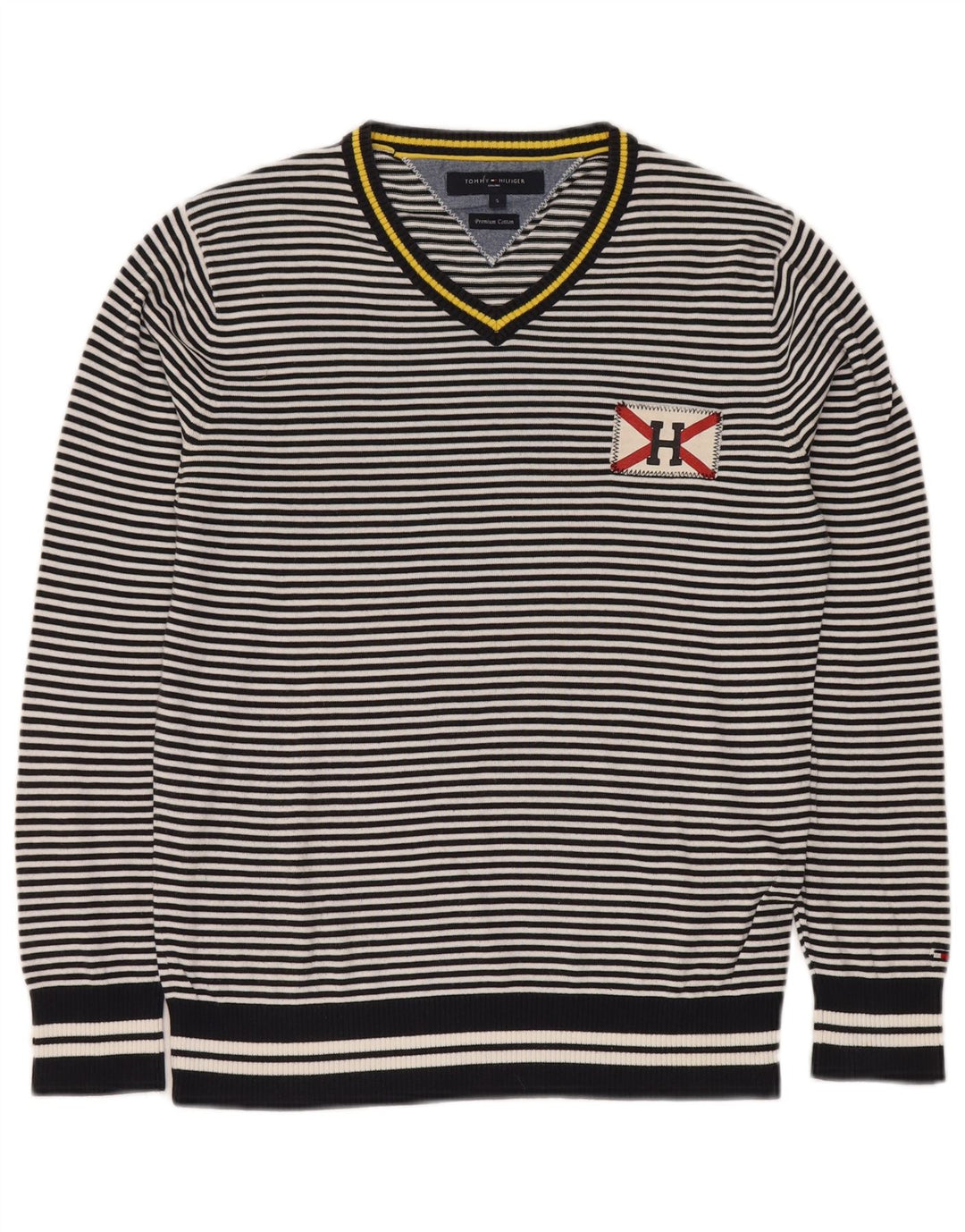TOMMY HILFIGER Jersey con cuello en V para hombre pequeño de algodón a rayas azul marino