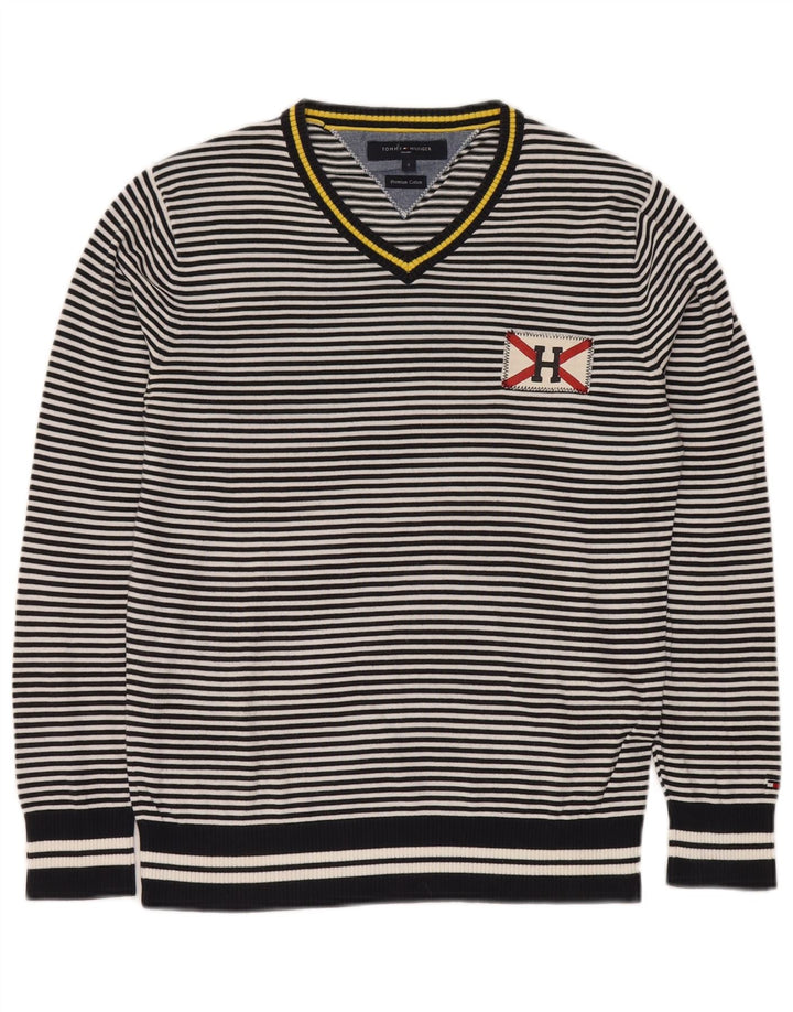 TOMMY HILFIGER Jersey con cuello en V para hombre pequeño de algodón a rayas azul marino