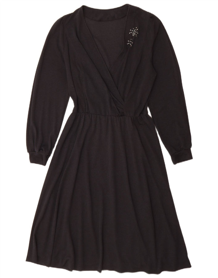 Vintage mujer manga larga abrigo vestido Reino Unido 14 medio negro
