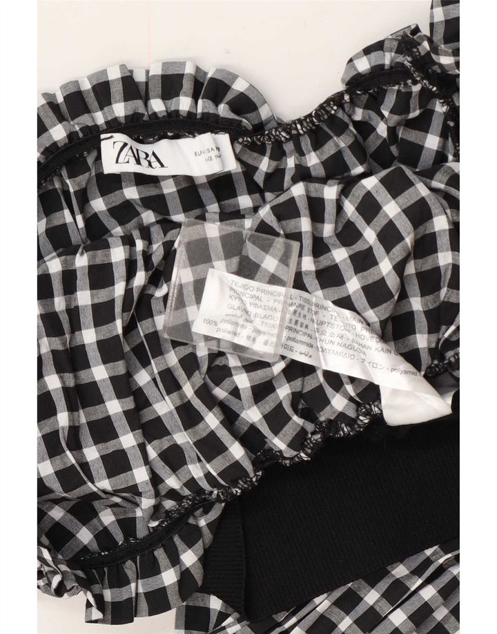 Zara Top Corto De Manga Larga Para Mujer UK 40 Mediano Negro Gingham Poliamida