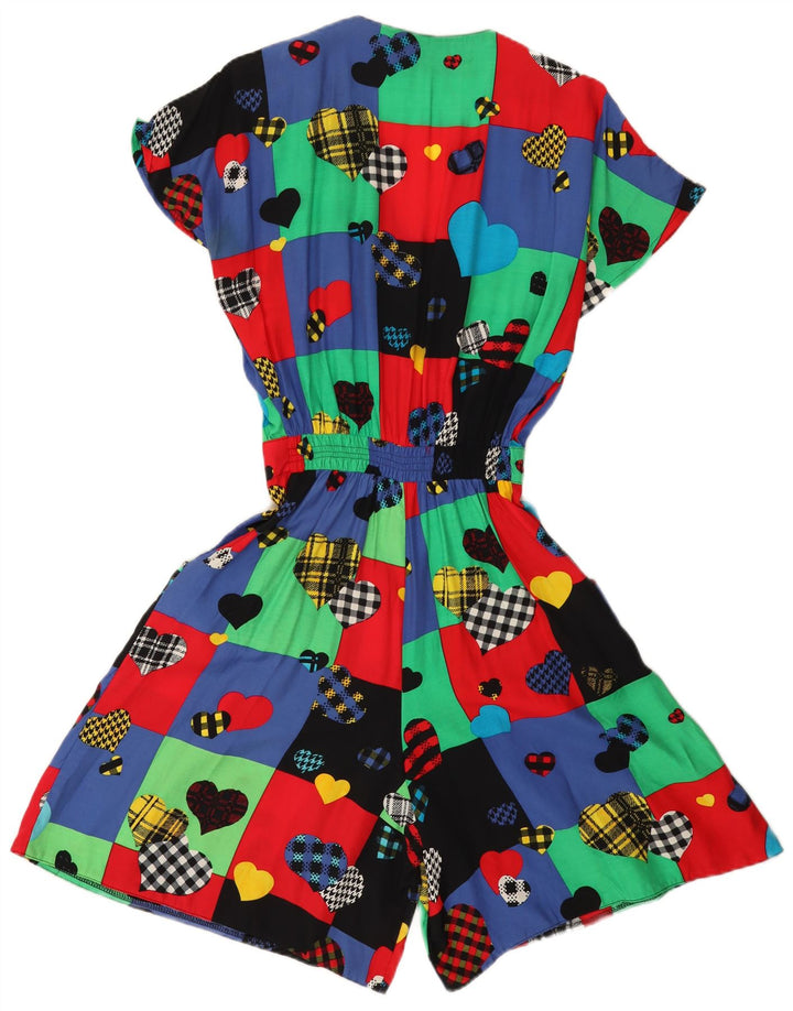 Vintage mujer playsuit Reino Unido 12 medio multicolor patchwork viscosa corazón