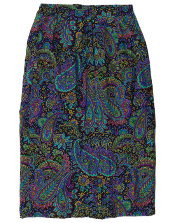 Vintage mujer cintura alta falda midi W28 seda paisley multicolor medio