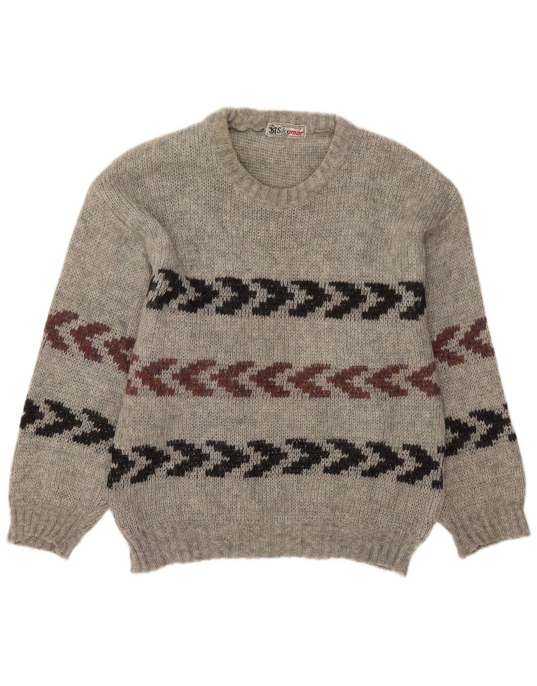Vintage hombres cuello redondo jersey suéter tamaño 40 gris medio rayas