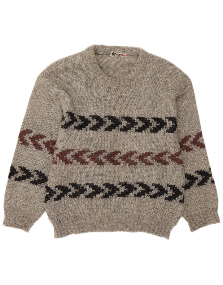 Vintage hombres cuello redondo jersey suéter tamaño 40 gris medio rayas