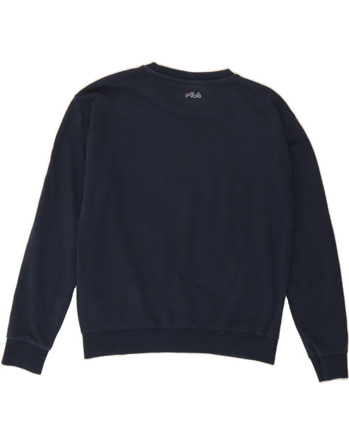 FILA Womens Graphic Sweatshirt Jumper UK 14 Medium Navy Blue Cotton Vintage Fila and Second-Hand Fila from Messina Hembry 