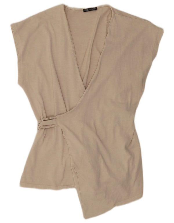 Zara Mujer Blusa Cruzada Top UK 46 Grande Algodón Beige