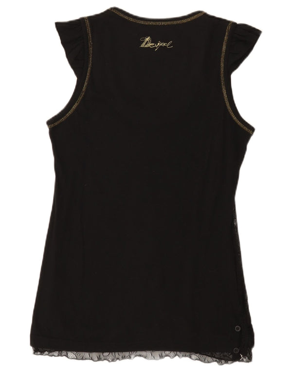Desigual Mujer Chaleco Top Reino Unido 14 Grande Algodón Negro