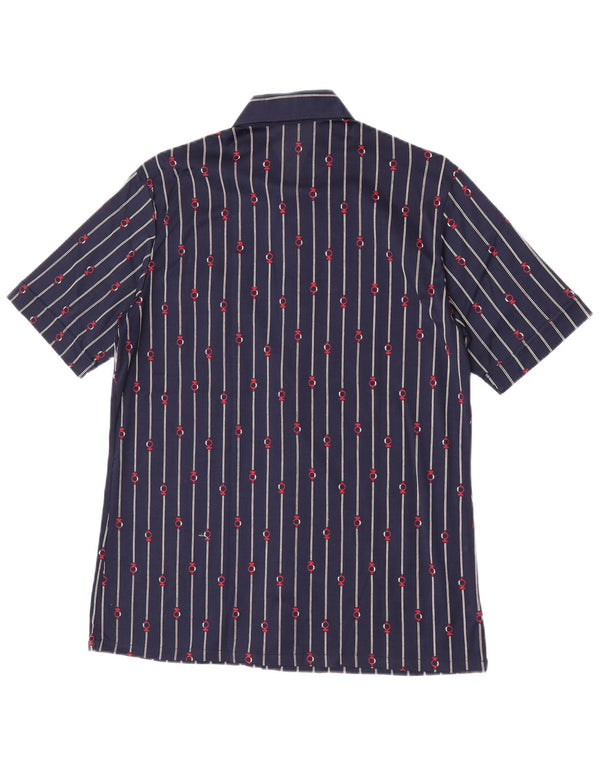 Vintage hombres camisa de manga corta pequeño algodón a rayas azul marino