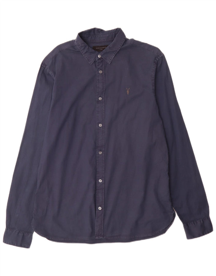 All Saints Camisa de corte regular para hombre de algodón azul marino grande