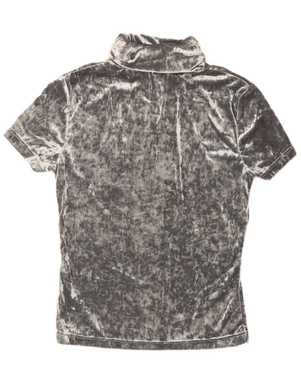 Vintage mujer Velour camiseta Top Reino Unido 12 Poliéster gris medio