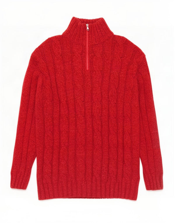 Vintage hombres zip cuello jumper suéter grande lana roja