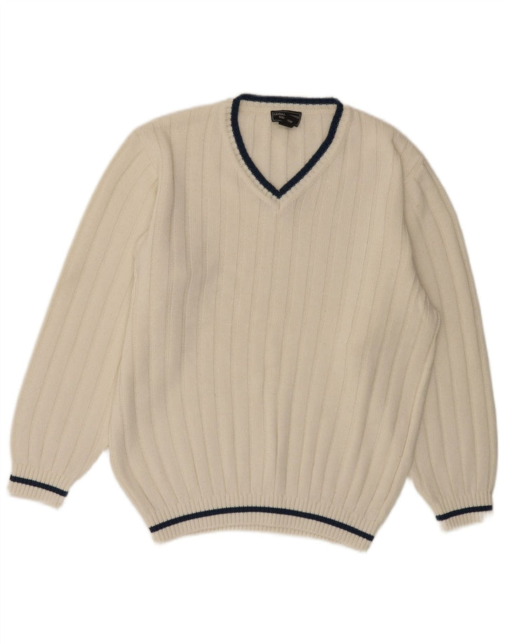 VINTAGE Hombres V-Cuello Jumper Suéter Reino Unido 40/42 Medio Blanco Poliacrílico