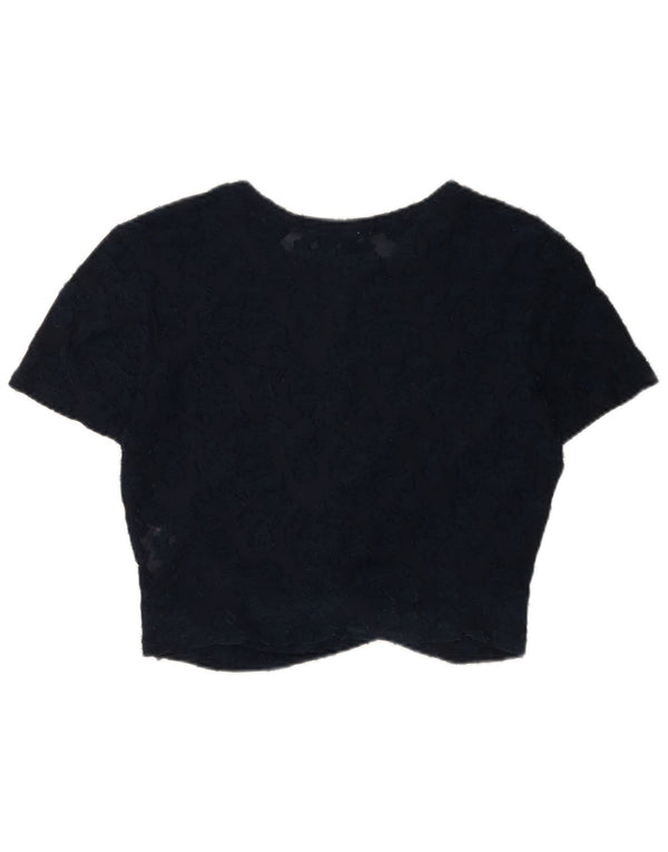 Zara Blusa Corta De Encaje Para Mujer Top UK 44 Grande Poliéster Floral Azul Marino