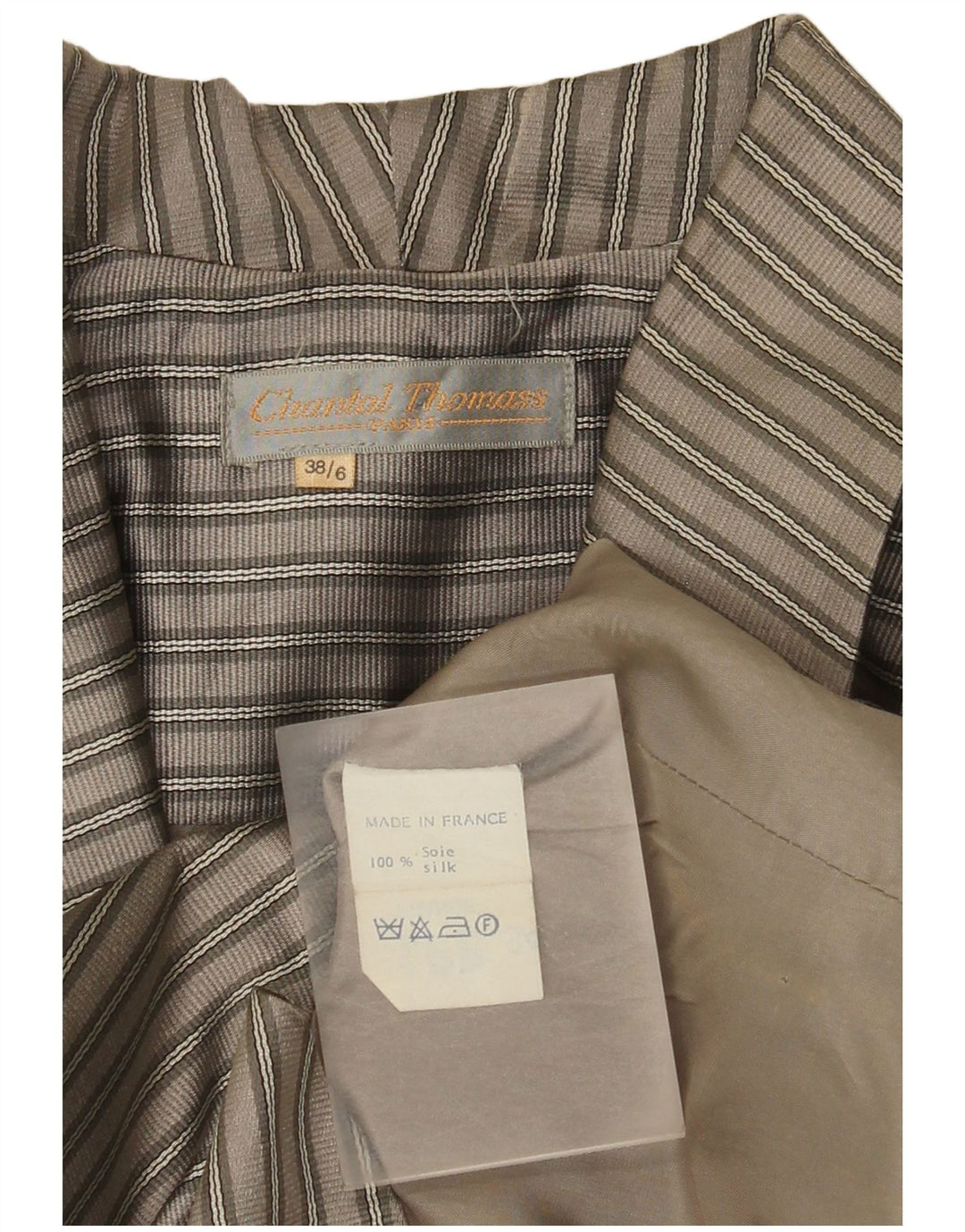Vintage mujer crop 2 botones Blazer chaqueta EU 38 gris medio seda a rayas