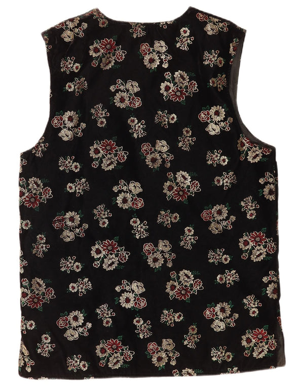 Vintage mujeres Velour Gilet Reino Unido 12 Acetato floral negro medio