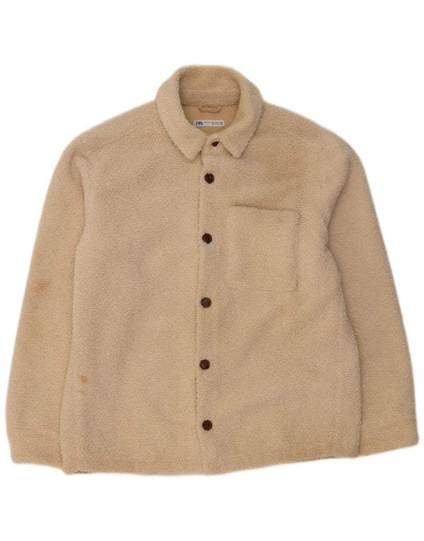 Zara Mens Bomber Fleece Jacket UK 42 XL Poliéster Beige