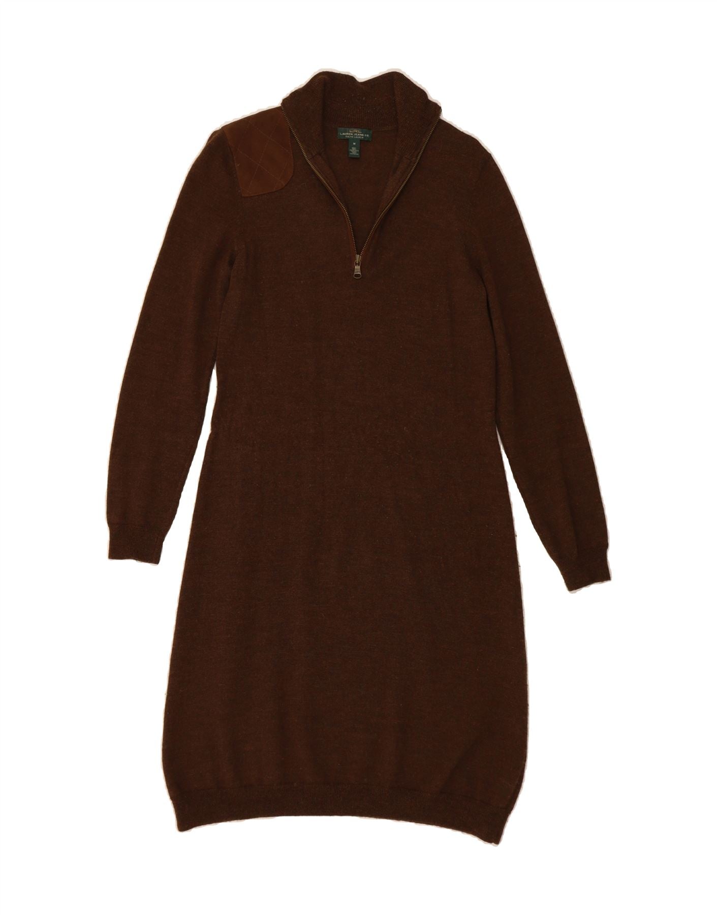 RALPH LAUREN Womens Zip Neck Jumper Dress UK 12 Medium Brown Merino Wool Vintage Ralph Lauren and Second-Hand Ralph Lauren from Messina Hembry 