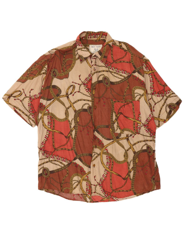 Vintage hombres patrón abstracto camisa de manga corta gran viscosa marrón