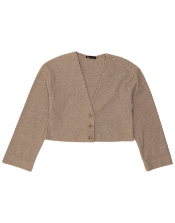 Zara Womens Crop Cardigan Top UK 10 Small Beige Polyester