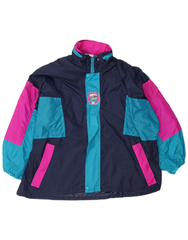 Vintage mujer chaqueta de lluvia con capucha Reino Unido 16 grande azul marino colorblock