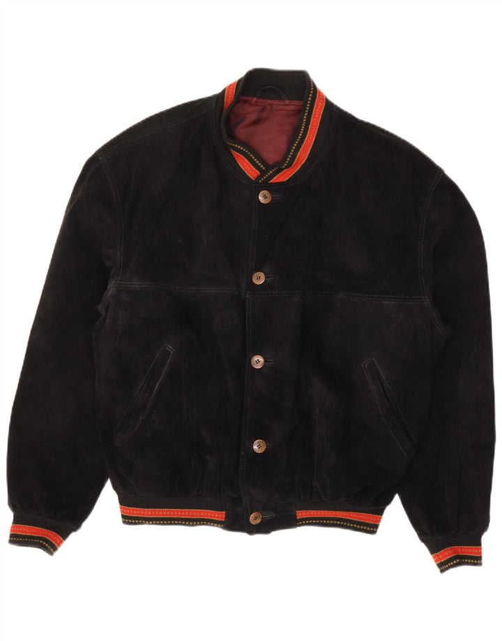Vintage hombres ante bomber chaqueta IT 48 cuero de rayas negro medio