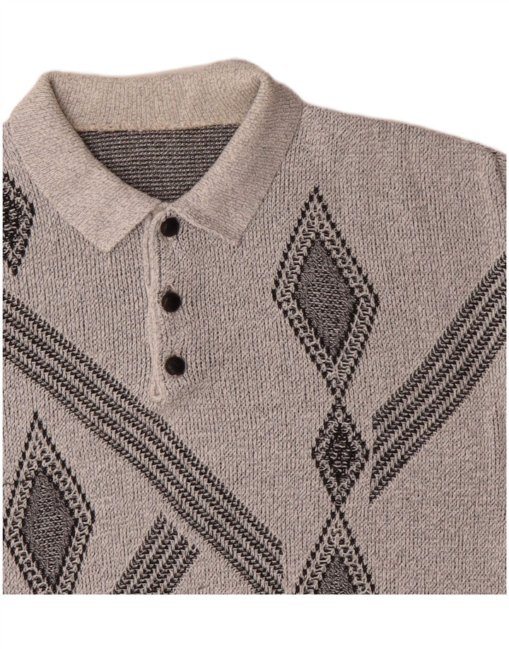Vintage hombres polo cuello jersey suéter medio gris geométrico