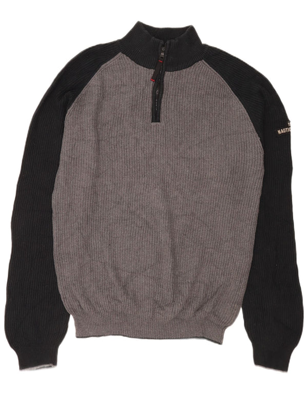 Nautica Jersey con cuello y cremallera para hombre, talla 2XL, algodón gris con bloques de color