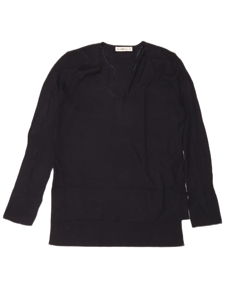 Zara Mujer Top Manga Larga UK 44 Medio Azul Marino Viscosa