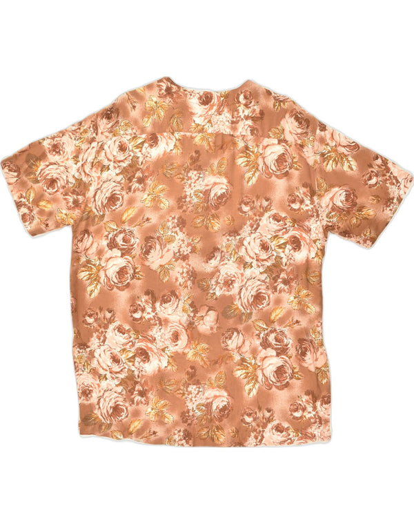 VINTAGE Blusa camisa de manga corta para mujer Reino Unido 12 Viscosa floral marrón medio