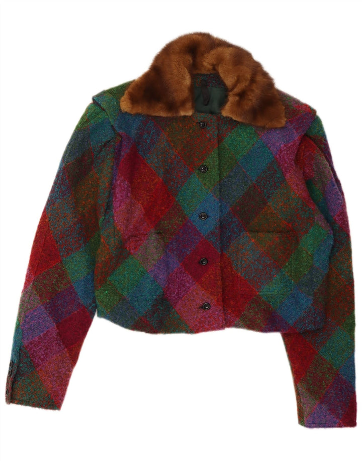 VINTAGE Mujer Crop Blazer Chaqueta Reino Unido 14 Grande Multicolor Argyle/Diamond