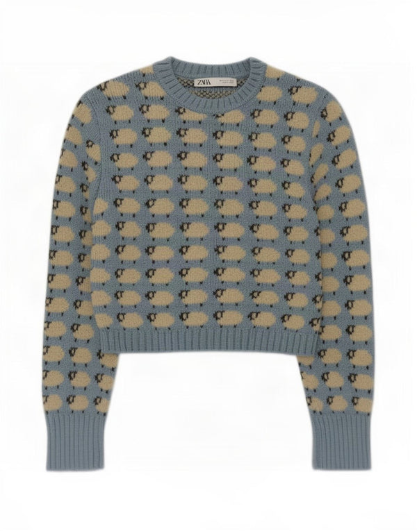 Zara Mujer Crop Crew Neck Jumper Sweater UK 40 Azul Medio Estampado Animal