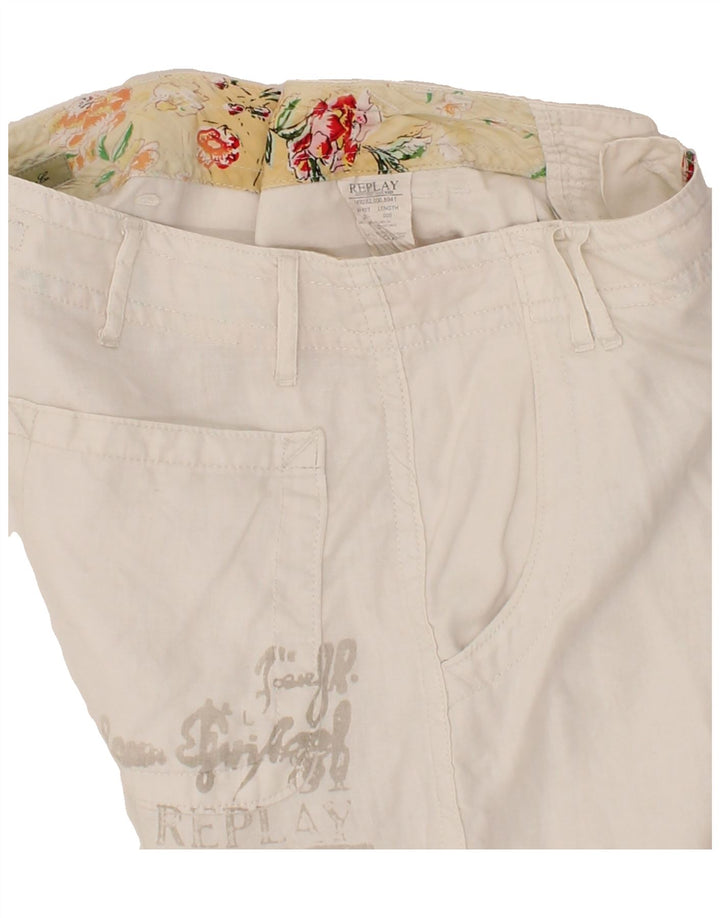 REPLAY Womens Graphic Chino Shorts W29 Medium  White Linen Vintage Replay and Second-Hand Replay from Messina Hembry 