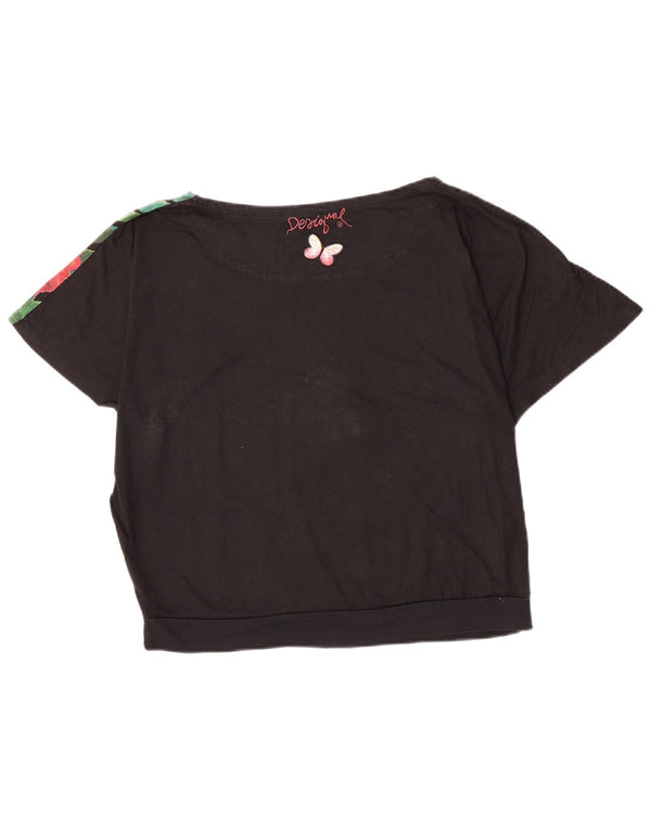 Desigual Camiseta gráfica para mujer Top UK 46 Grande Algodón floral negro