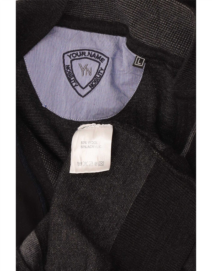 Vintage hombres Cardigan suéter grande gris lana geométrica